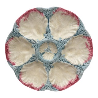 19th Century Majolica Pink & Blue Oyster Plate Gien For Sale