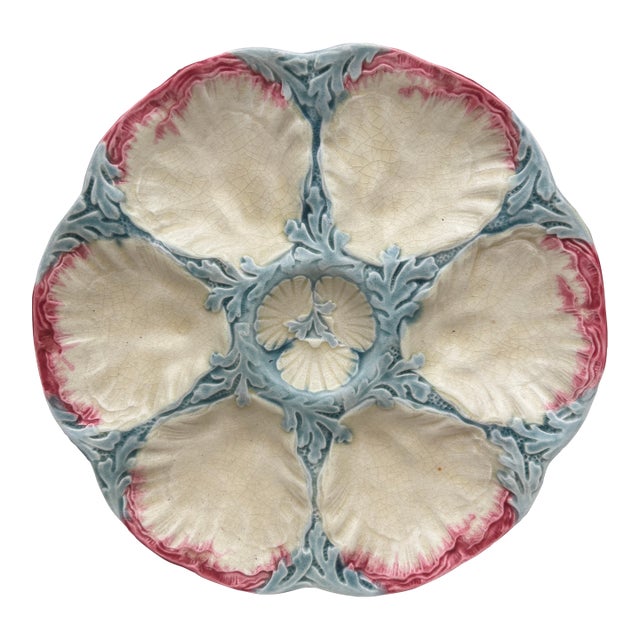 19th Century Majolica Pink & Blue Oyster Plate Gien For Sale