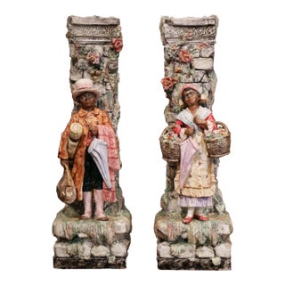 Pair of 19th Century French Barbotine Figural Majolica Vases For Sale