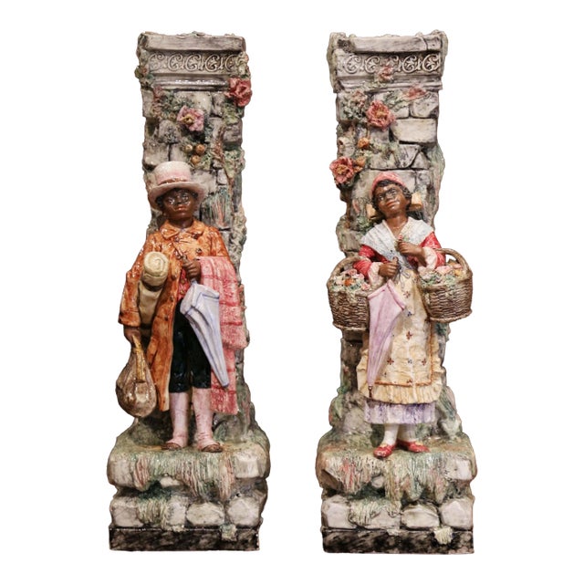 Pair of 19th Century French Barbotine Figural Majolica Vases For Sale