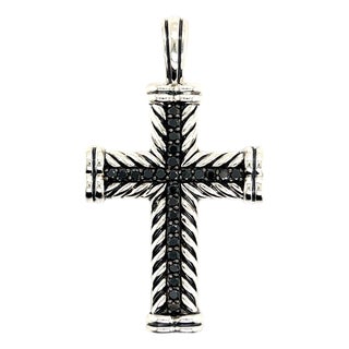 1990s David Yurman Black Diamond Chevron Silver Cross Pendant 16.5g Estate For Sale