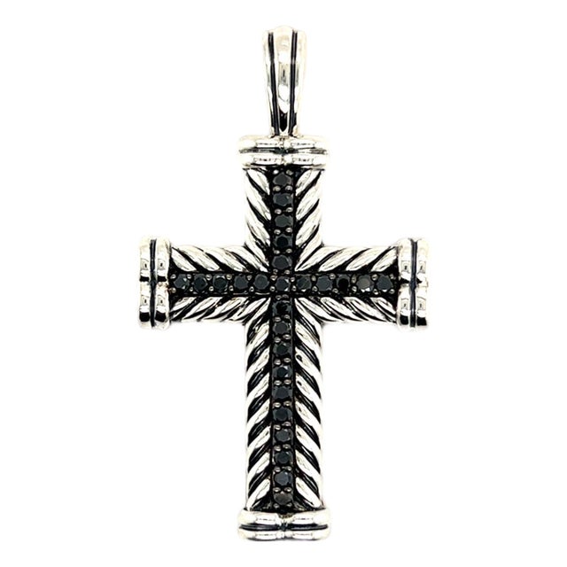 1990s David Yurman Black Diamond Chevron Silver Cross Pendant 16.5g Estate For Sale
