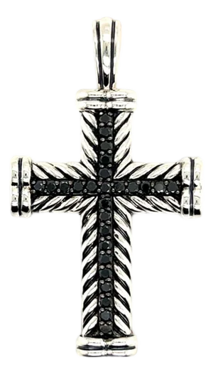 1990s David Yurman Black Diamond Chevron Silver Cross Pendant 16.5g Estate