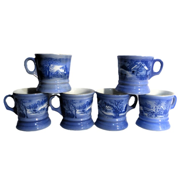 Hello, Thank you for looking. These are mid-century Currier & Ives cups / mugs. Set of 6, no damage, all blue and white....
