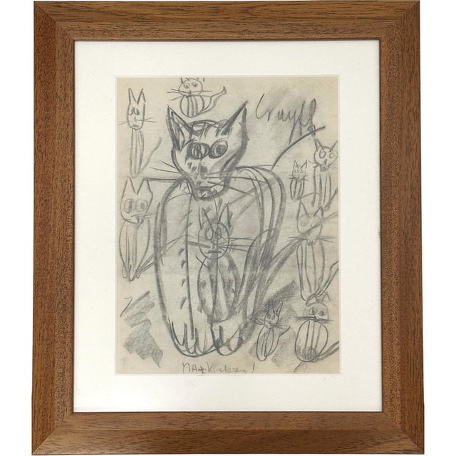 Dutch Artist, Expressive Cat with Kittens, Pencil Drawing, 1966, Framed For Sale