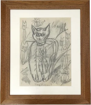 Dutch Artist, Expressive Cat with Kittens, Pencil Drawing, 1966, Framed