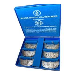 1970s Stieff Pewter Decanter Labels Historic Newport Reproduction in Original Box For Sale