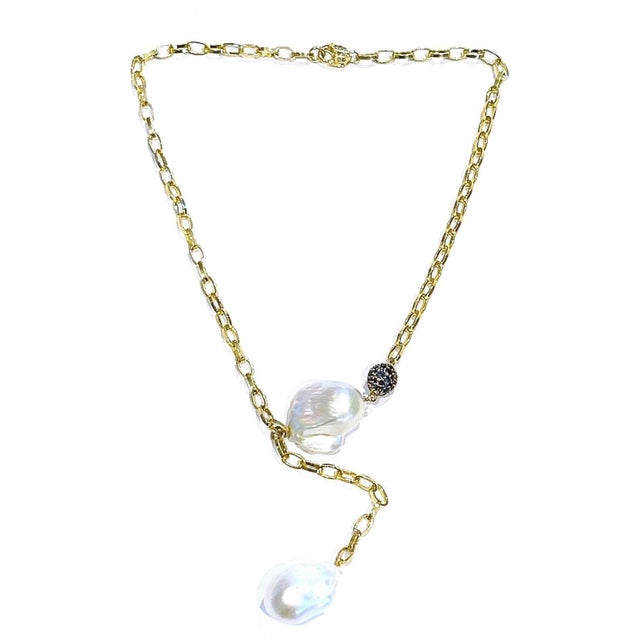 Bochic “Capri” Vintage Baroque Pearl & Multi Blue Sapphire Necklace Set in 18K & Silver Elegant and Baroque Italian style...