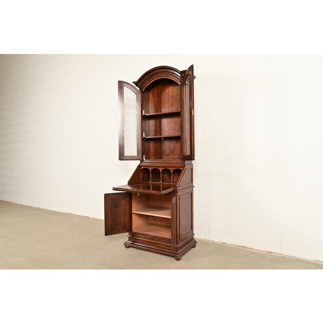Guido Zichele Style Italian Provincial Carved Walnut Drop Front Secretary Desk With Lighted Bookcase Hutch, Circa 1970s For Sale In South Bend - Image 6 of 18