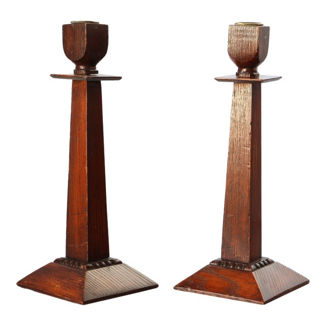 Antique Arts & Crafts English Oak Candlesticks For Sale