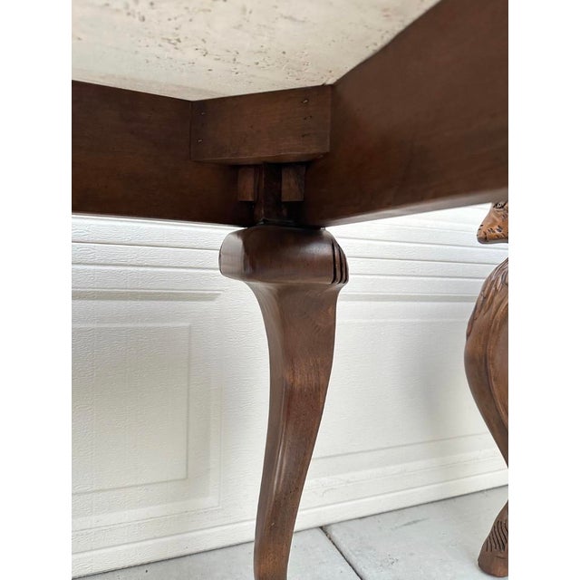Vintage Ram’s Head Carved Walnut & Travertine Side Tables Attributed to Minton Spidell – Pair For Sale - Image 12 of 18