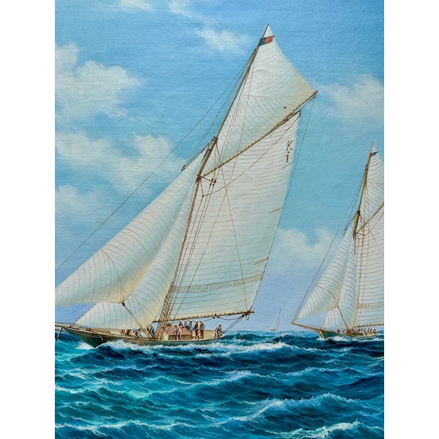 Nautical Original Maritime Watercolor Painting, Classic Sailboat Regatta Scene, Unstretched, by Thomas For Sale - Image 3 of 7