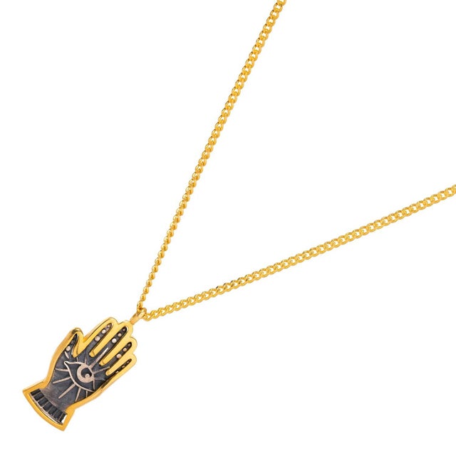 Early 21st Century Energy Flow Hamsa Hand Evil Eye Pendant Gold Chain Necklace For Sale - Image 5 of 8