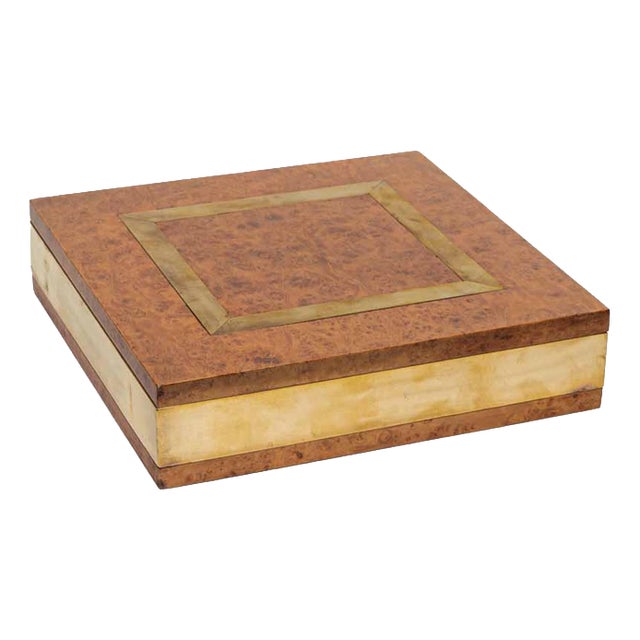 Large Elm Burl Wood and Brass Inlaid Lidded Box by Romeo Rega, 1970s For Sale