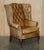English Pair of Vintage Tan Brown Leather Chesterfield Wingback Chairs With Footstools For Sale - Image 3 of 18