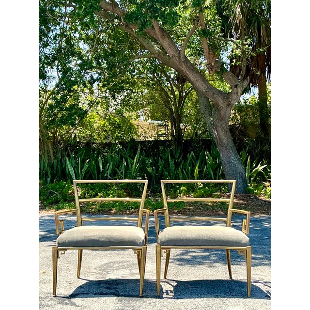 Mid-Century Modern Vintage Regency Greek Key Brass Lounge Chairs After Mastercraft - A Pair For Sale - Image 3 of 12