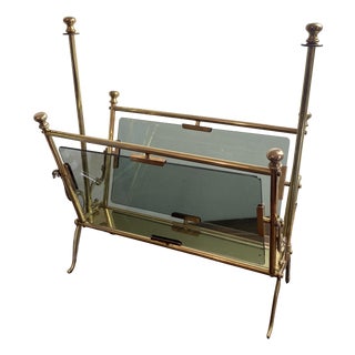 Neoclassical Magazine Rack in Brass and Bluish Glass, 1950s For Sale