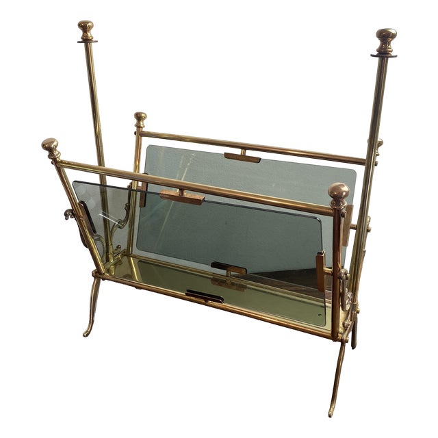 Neoclassical Magazine Rack in Brass and Bluish Glass, 1950s For Sale