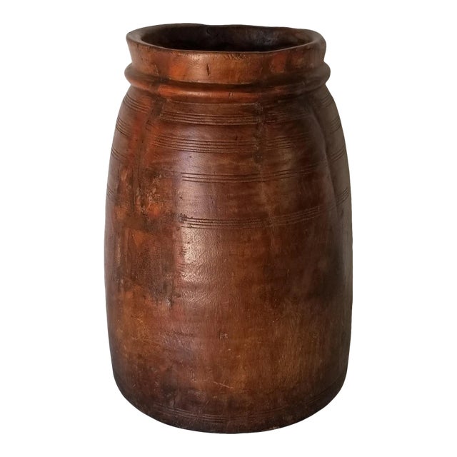 Vintage Primitive Style Hand Carved Wood Decorative Vase For Sale