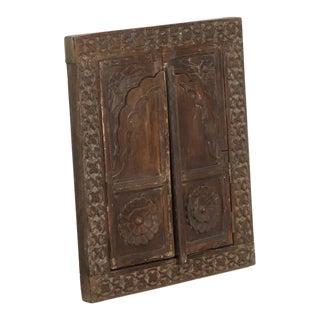 Antique Indian Carved Teak Wood Window Frame, Now With Mirror For Sale