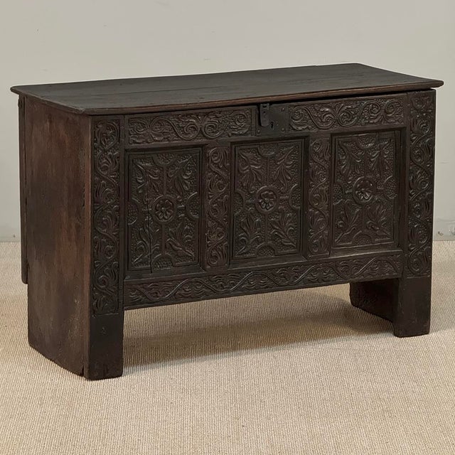 18th Century Dutch Gothic Revival Period Carved Oak Trunk ~ Blanket Chest For Sale - Image 4 of 18
