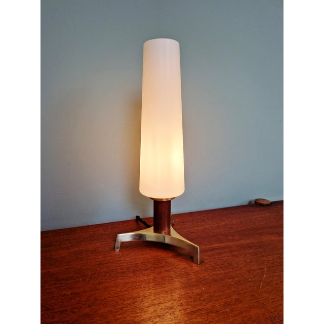 Scandinavian Tripod Table Lamp in Brass, Teak and White Satin Opaline Glass, 1960 For Sale - Image 4 of 15