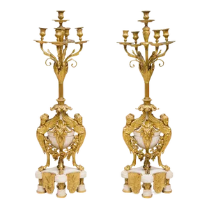 Circa 1880 Marchand à Paris French Ormolu & White Marble Candelabras- a Pair