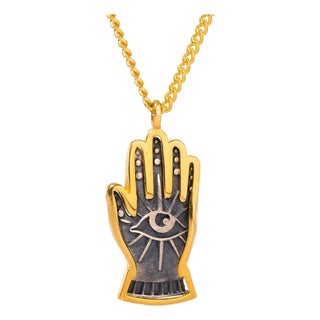 Energy Flow Hamsa Hand Evil Eye Pendant Gold Chain Necklace For Sale