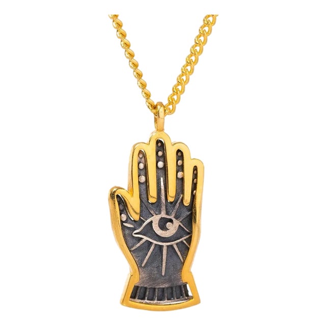 Energy Flow Hamsa Hand Evil Eye Pendant Gold Chain Necklace For Sale