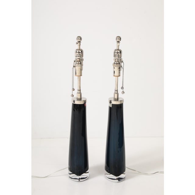 Mid-Century Modern Pair of Large Midnight Blue Orrefors Lamps by Carl Fagerlund. For Sale - Image 3 of 6