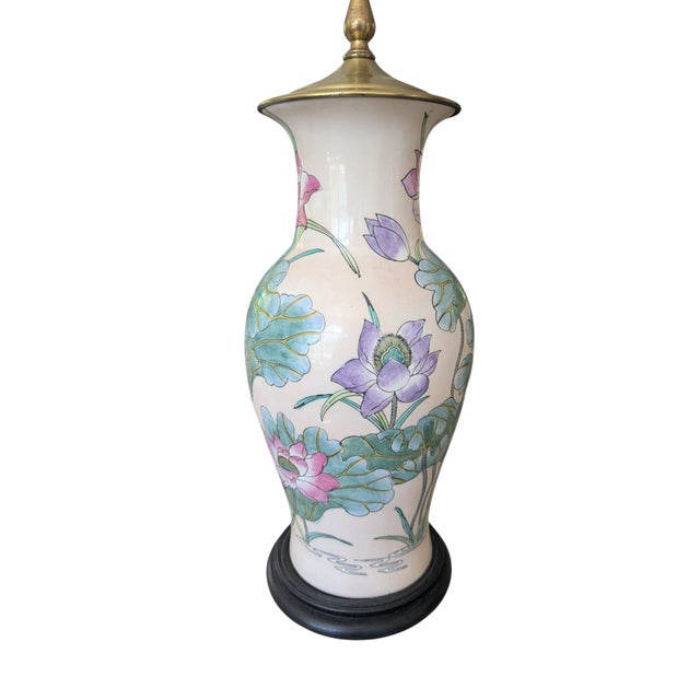 Antique Chinoiserie Porcelain Enamel Lotus Flower Vase Lamp For Sale - Image 10 of 18