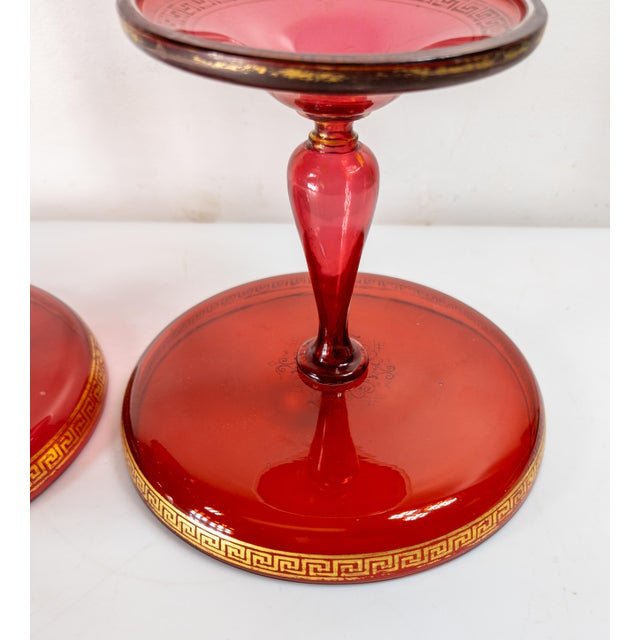 Glass 19th Century Pair of Bohemian Red Cranberry Glass Centerpiece Compotes or Tazza For Sale - Image 7 of 16