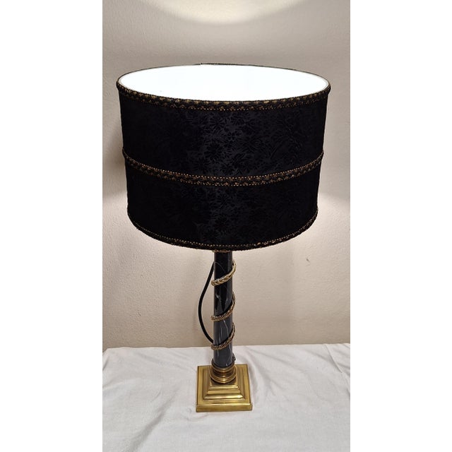 Vintage Table Lamp with Granite Column, Bronze Base, and Fabric Shade from Lamplove For Sale - Image 4 of 8