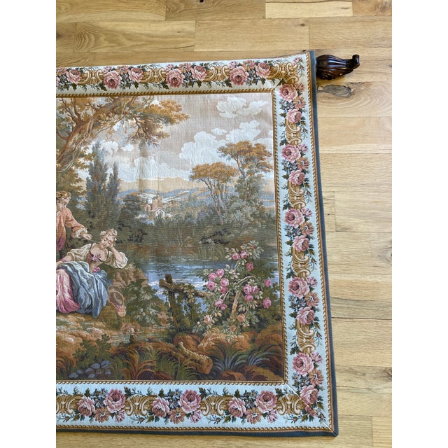 Mid 20th Century French Gobelins Pastoral Tapestry Wall Hanging With Solid Wood Hardware For Sale - Image 10 of 16