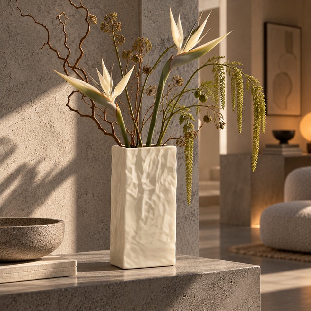 A beige ceramic vase, in the form of a crumpled paper sack.