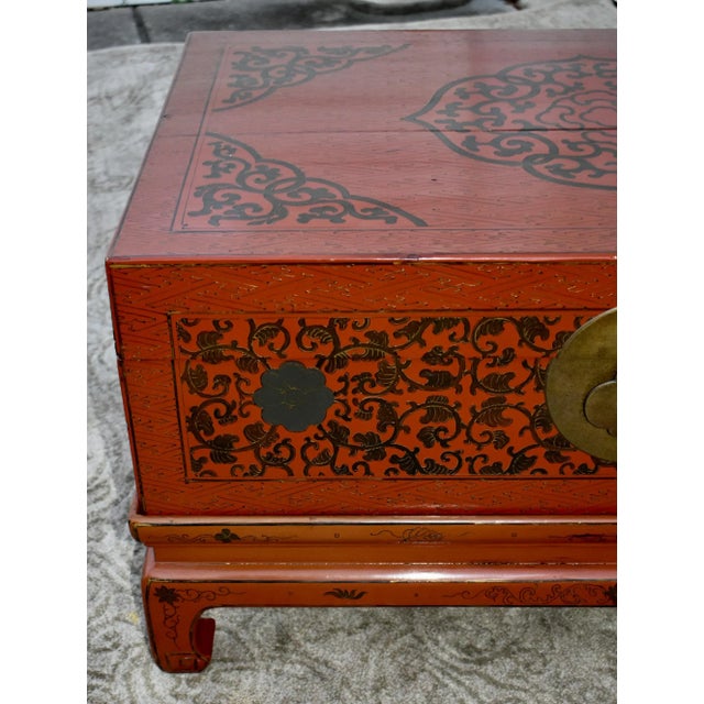 Antique Wood Trunk Table Vintage Chinese Red Lacquer Asian Stand Coffee For Sale - Image 12 of 12
