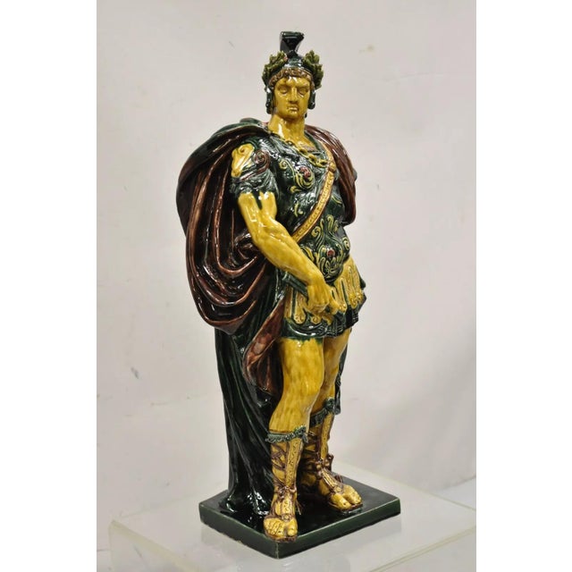 Early 20th Century Majolica Alexander the Great Greek Warrior Soldier Glazed Pottery Sculpture For Sale - Image 4 of 12