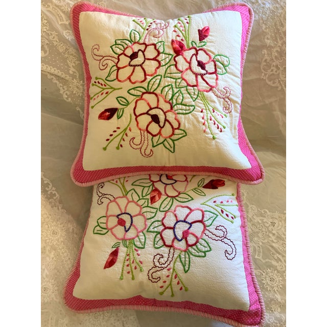 Pair Vintage pair hand embroidered throw decorative pillow floral 18” x 18” , prairies floral with feather insert Set of...