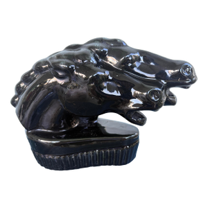Vintage Black Ceramic Double Horse Head Table Lamp With Sculptural Glaze