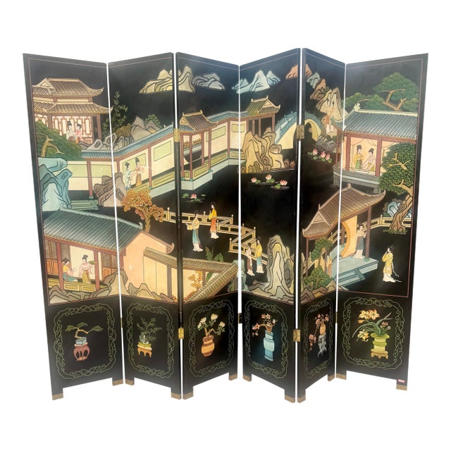 Vintage Chinese Six-Panel Coromandel-Style Folding Screen For Sale