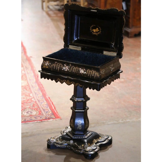 19th Century English Victorian Papier-Mâché Sewing Table With Pearl Inlay For Sale - Image 4 of 13