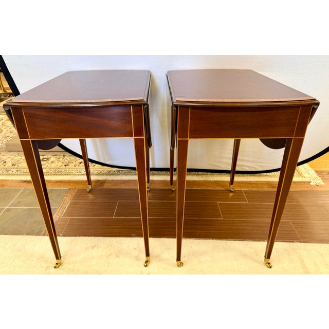 Traditional Pair of Mahogany Inlay Pembroke Drop Leaf End Tables For Sale - Image 3 of 11