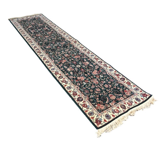 Early 21st Century Persian Kashan Wool 3X11 Emerald Green, Ivory & Red Handmade Runner Rug #9900901 For Sale - Image 5 of 6