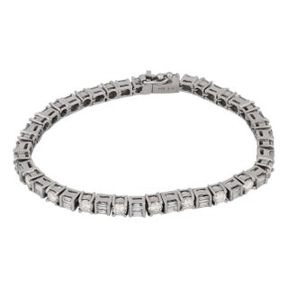 Vintage Round Brilliant and Baguette Cut Diamond 18k White Gold Tennis Bracelet For Sale