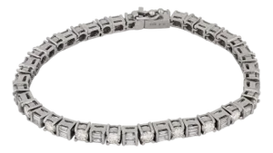Vintage Round Brilliant and Baguette Cut Diamond 18k White Gold Tennis Bracelet