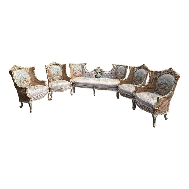 1940 French Louis XVI Pastel Cane Sofa Set - 5 Pc For Sale