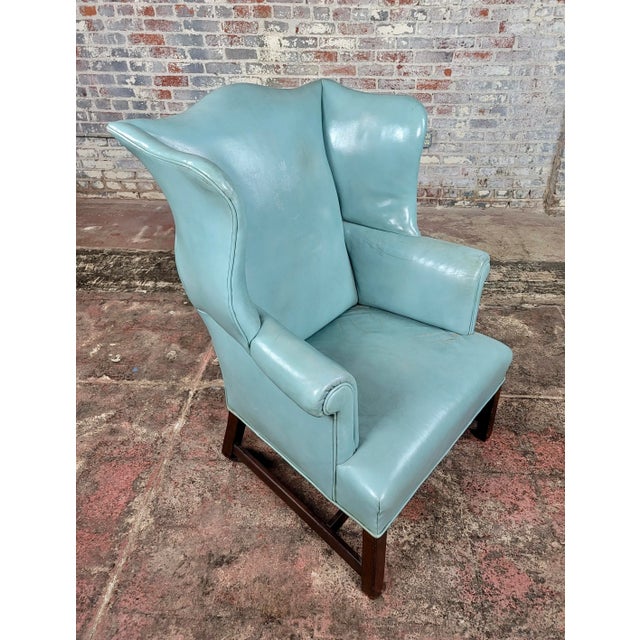 18th Century Teal Leather Upholstered Wing Chair-George III For Sale - Image 9 of 13