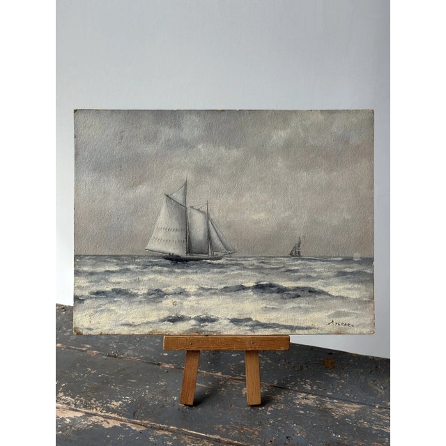 Vintage Steely Seascape Painting on Board, Signed by the Artist, Circa Mid-20th Century For Sale - Image 4 of 14
