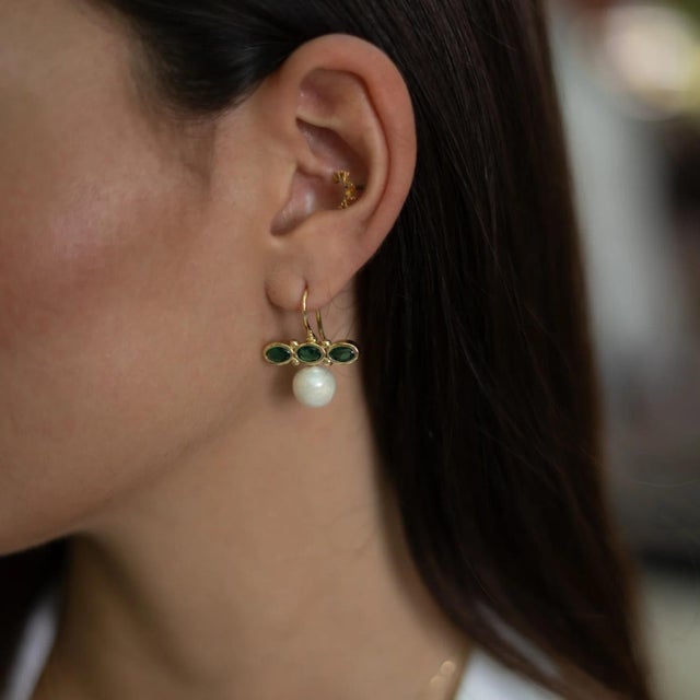 Early 21st Century Royal Emerald Pearl Drop Earrings, A Pair For Sale - Image 5 of 8