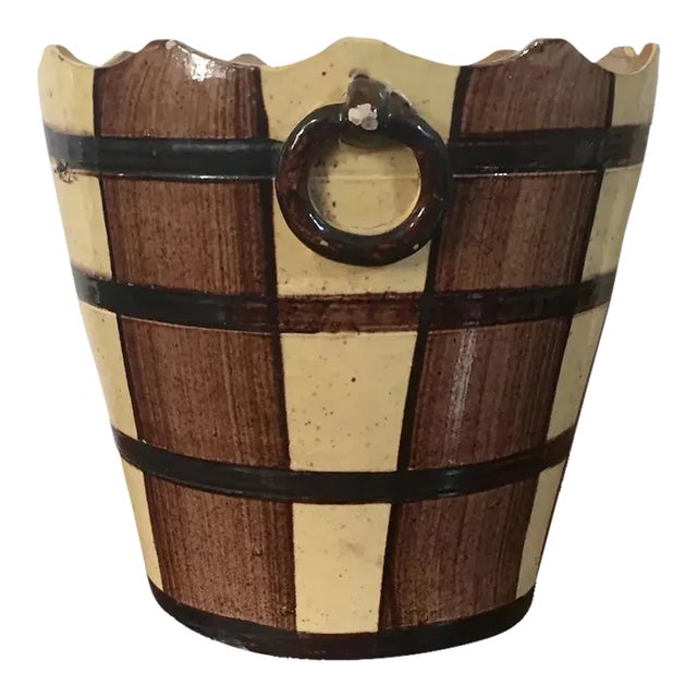 Antique 19th Century French Faux Bois Barrel Form Jardiniere with Ring Handles For Sale